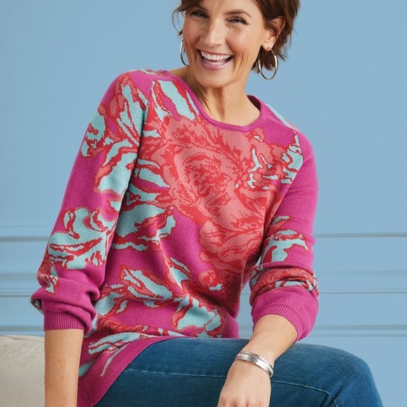 Soft Surroundings Roja Rose Jacquard Knit Sweater Pink Floral Sz XS - Picture 1 of 6